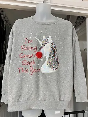 Buy Ladies Christmas Jumper Unicorn Rainbow Sequin Pulling Santa’s Sleigh Size XL • 5.95£