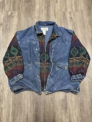 Buy Vintage Aztec Southwestern Ash Creek Trading XL Denim Jacket Jersey Sleeves RARE • 30.87£