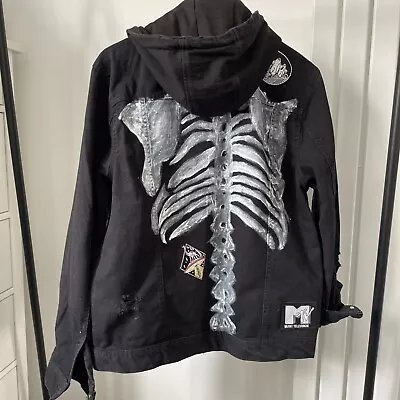 Buy Black Denim Jacket With Skeleton On Reverse And Patches, Removable Hood. Size L • 15£