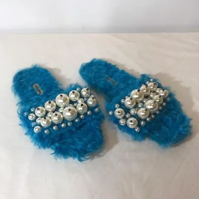 Buy Miu Miu Blue Faux Fur Mohair Pearl Embellished Slippers Flats Size 40 EU / 7 UK • 139.67£