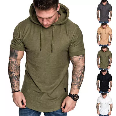Buy Mens Gym Workout Hoodie Short Sleeve Hooded T-Shirt Sport Casual Muscle Tee Tops • 8.15£