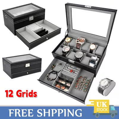 Buy 12 Grids 2 Layers Mens Luxury Watch Storage Box With Drawer Jewelry Display Case • 20.47£