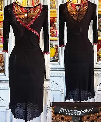 Buy Vintage Betsey Johnson New York Black Sheer Mesh Lace Bead Crochet Slip Dress L • 142.08£