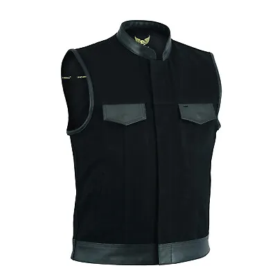 Buy Genuine Men’s SOA Black Denim Leather Cut Trim Biker Waistcoat Concealed Pockets • 44.99£