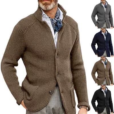 Buy Men Long Sleeve Knitted Coat Cardigan Button Up Solid Slim Fit Casual Jackets UK • 25.67£