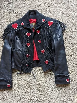 Buy Ladies Black Leather Fringe Waist Jacket W/Beaded Red Hearts By RICHIE Size M • 70.87£