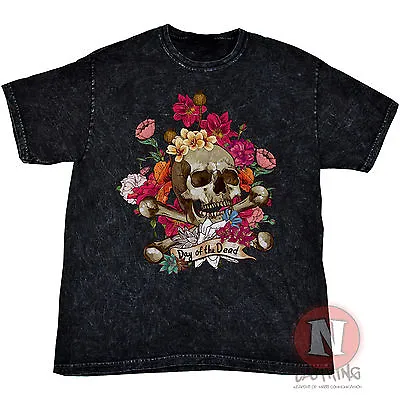 Buy Day Of The Dead Skull Flowers Art Retro Vintage Acid Mineral Wash Black T-shirt • 15.99£