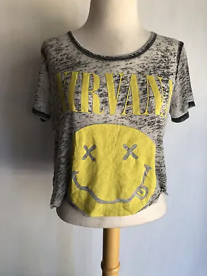 Buy NIRVANA Official Smiley Face Band Logo Crop Top Burnout Sheer T-Shirt Size Small • 17.99£