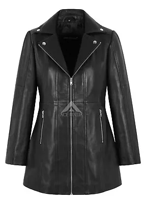 Buy Ladies Biker Style Leather Jacket Black Mid Length Slim Fit Real Sheep Napa Coat • 94.83£