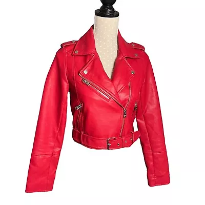 Buy Cropped Red Faux Leather Jacket Pull And Bear Women’s Size Small • 14.99£