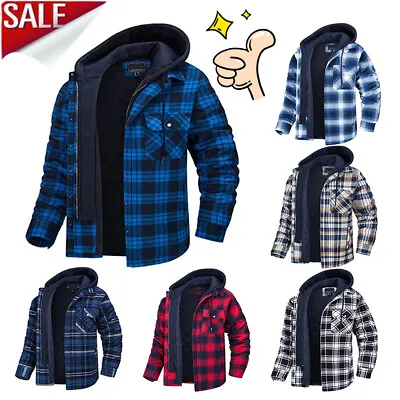 Buy Men's Plaid Flannel Shirt Jacket Fully Quilted Lined Pocket Warm Zip-Up Hoodie • 10.04£