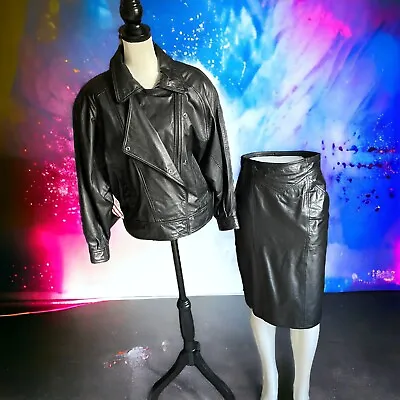 Buy Vintage 80s Women’s Sexy La Vogue Black Leather Coat & Skirt Set Size S M 4 6 • 101.28£