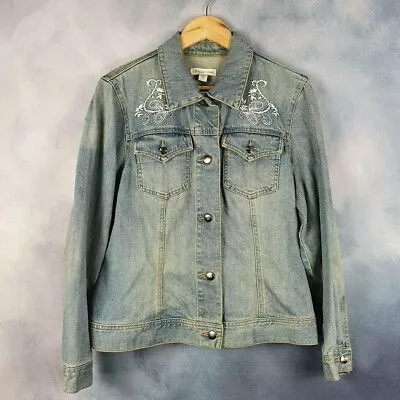Buy 90s Women's White Floral Embroidered Denim Jacket 14 • 19.95£