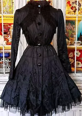 Buy Vintage Betsey Johnson Y2K Black Crinkle Lace Tulle Trench Jacket Coat Dress S M • 168.89£