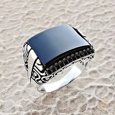 Buy Mens Onyx Black Rectangle Gemstone Statement Ring Unique Engrave Band Jewelry • 111.13£