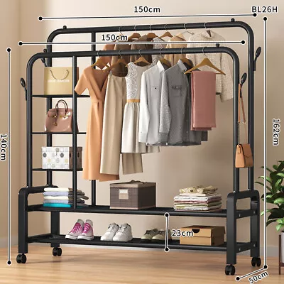 Buy Heavy Duty Double Layer&Rod Clothes Rail With Side Storage Net Garment Display • 48.99£