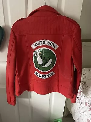 Buy “Riverdale Southside Serpents” Red Faux Leather Biker Jacket • 15£