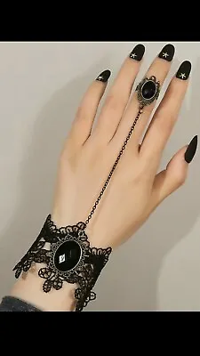 Buy Black Bracelet Ring Goth Steampunk Adjustable Lace Jewellery Fashion Retro UK • 2.69£