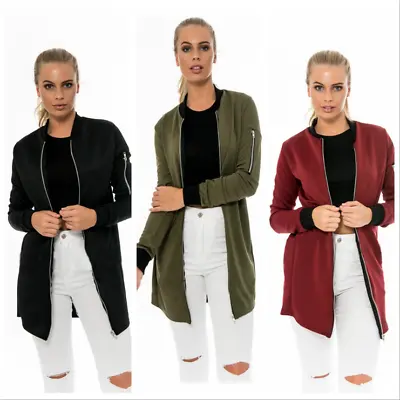 Buy Womens Ladies Long Sleeve Zip Up Longline Bomber Jacket Top Coat Outwear Autumn • 18.25£