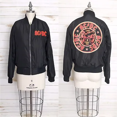 Buy FOREVER 21 AC/DC 1981 World Tour Bomber Jacket RIBBED Black Red Women’s Size S • 36.99£