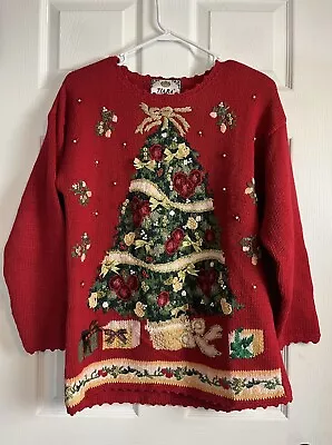 Buy Red Christmas Holiday Tree Tunic Sweater Embroidered TIARA International Sz. Med • 19.25£