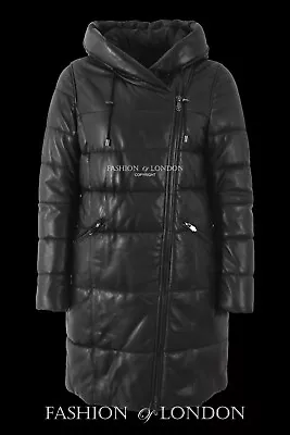 Buy Ladies Puffer Parka Duffle Leather Coat Black Hooded Classic Winters Warm Jacket • 127.99£