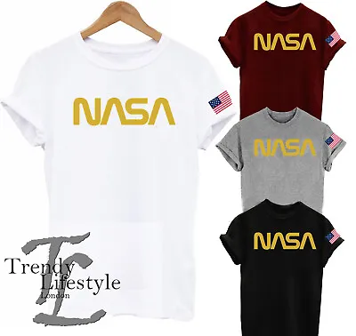 Buy Nasa Space Word Logo In Gold  Astronaut Print  American Usa Flag Unisex T-shirt • 9.99£