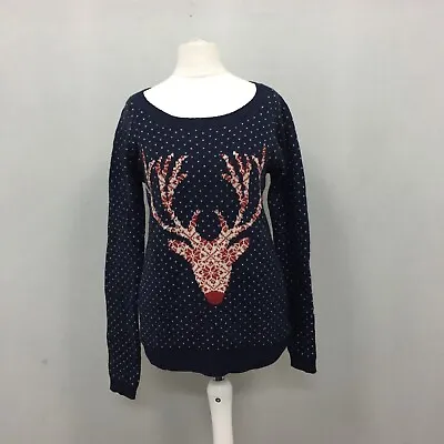 Buy Fat Face Christmas Jumper Knit Womens Uk 10 Sweater Blue Wool Mix • 12.99£