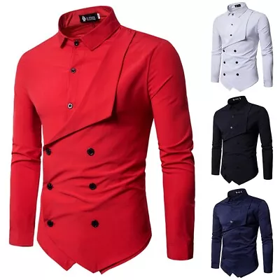 Buy Casual Black Men's Lapel Long Sleeve Shirt Double Breasted Tops Button Blouse • 21.50£