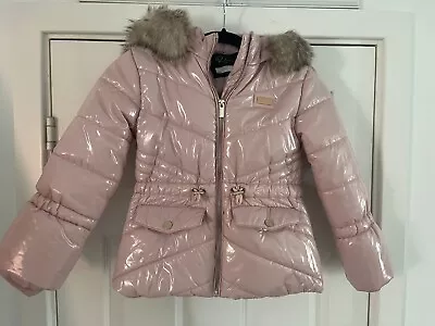Buy River Island Pale Pink Wet Look Padded Jacket With Faux Fur Hood Aged 7/8 Years • 22£