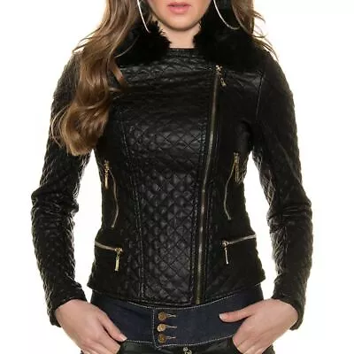 Buy Women's Faux Fur Leather Look Jacket Quilted Biker KouCla - Black • 49.95£