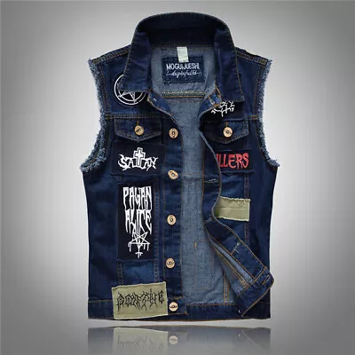 Buy Men Patch Denim Vest Jean Jacket Waistcoat Sleeveless Vintage Punk Casual Jacket • 19.12£
