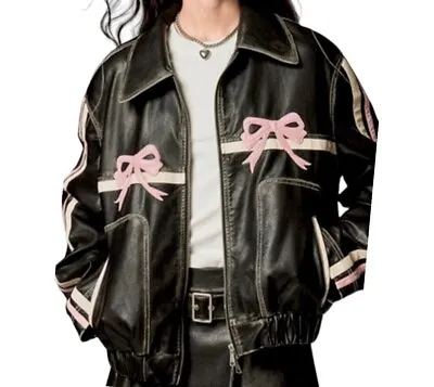 Buy Women's Striped Black Oversized Bow Genuine Leather Jacket | Pink Ribbon Jacket • 27.32£