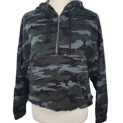 Buy Sanctuary Sweatshirt Black Gray Camo Crop Hoodie Half Zip Fleece Oversized Boxy • 19.25£