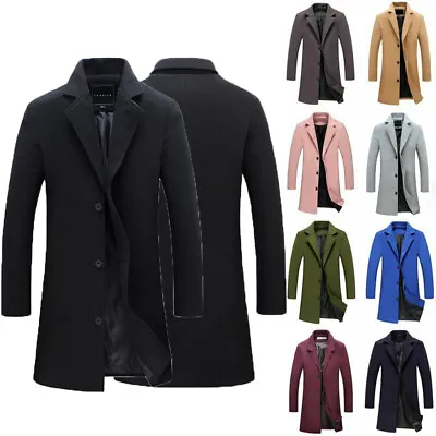 Buy Men Wool Coat Winter Trench Coats Outwear Overcoat Long Sleeve Button Up Jacket • 22.67£