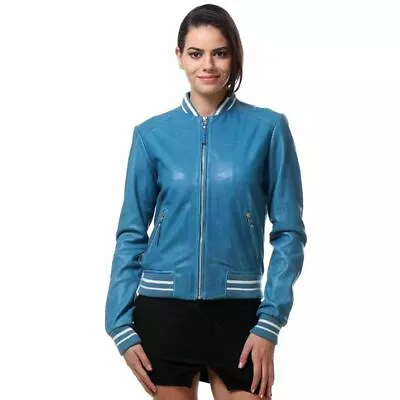 Buy Brand New Trendy Blue Real Leather Varsity Bomber Jacket Size Small • 99.99£