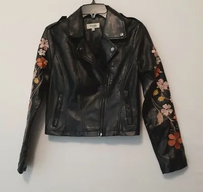 Buy Women  Charlotte Russe  Motorcycle Jacket; Black Faux Leather; Embroidery Size S • 13.25£