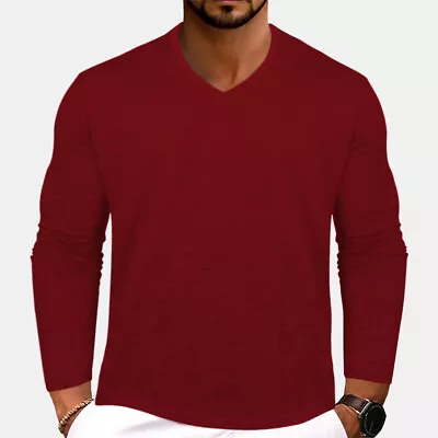 Buy Mens V Neck Pullover Solid Long Sleeve T-shirts Skinny Casual Blouse Top Tees • 12.59£
