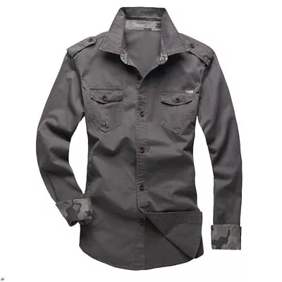 Buy Men's Shirt Double Pockets Camo Army Military Tops Casual Long Sleeve T-shirts • 29.87£
