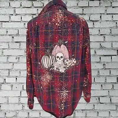Buy Skull Shirt- Pumpkin Flannel Shirt Maroon Upcycled Size Large  • 28.41£