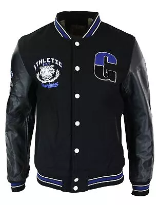 Buy Mens Baseball Varsity Letterman College Fleece Jacket Badge PU Leather Sleeves • 39.99£