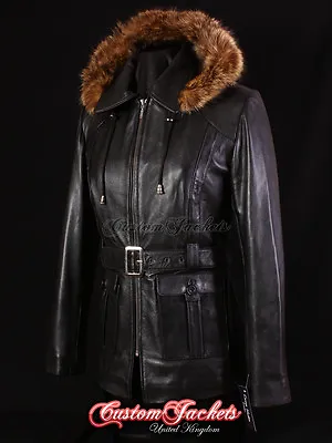 Buy Ladies GLACIER Black FUR HOODED Parka Real Leather Jacket Winter Coat 5788 • 111.77£