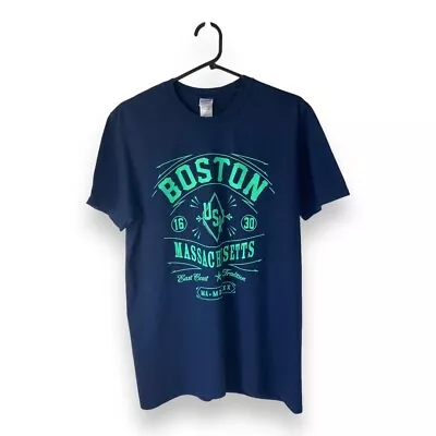 Buy Boston Massachusetts Gildan USA Navy Teal Cotton Print T-shirt - Size M • 10.99£