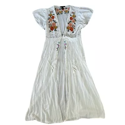 Buy Womens White Maxi Kimono Duster Sz M Embroidered Boho Gypsy Fairy Cottagecore • 33.07£