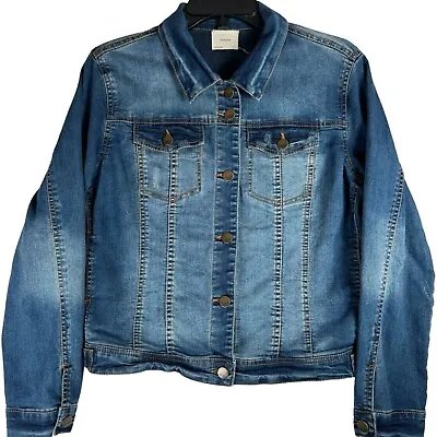 Buy Harper Soft Denim Jean Jacket Women’s Size Large Blue Distressed Stretch Pockets • 11.98£