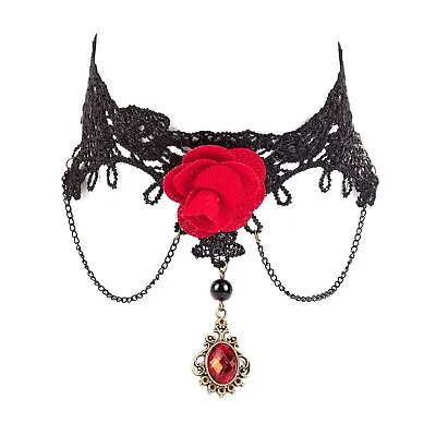 Buy Womens Ornate Steampunk Costume Necklace Cosplay Goth Jewellery - Red Flower • 4.49£
