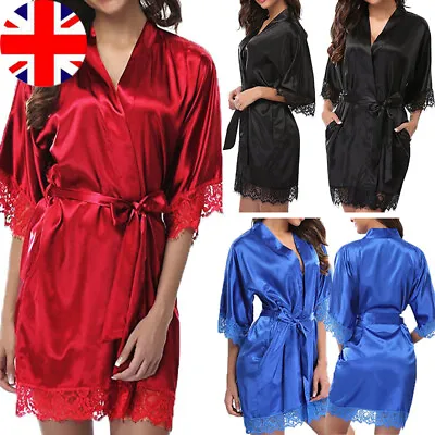 Buy Women Satin Silk Dress Sexy Ladies Lace Bride Long Kimono Robe Night Dress Gown • 6.45£
