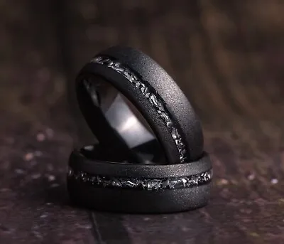 Buy Premium Meteorite Black Tungsten Ring, Unique Men's Wedding Band Wooden Box • 96.41£