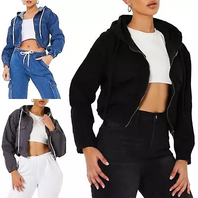 Buy Ladies Womens Plain Long Sleeve Stretch Hoody Hooded Jacket Frayed Hem Crop Coat • 9.49£