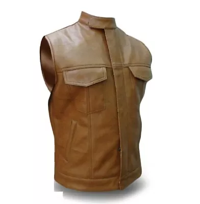 Buy Mens Biker Style SOA Vest Real Cow Leather Brown Motorcycle Vest Waistcoat • 64.99£